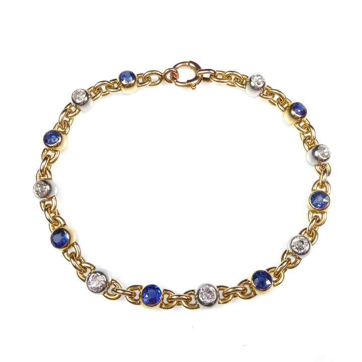 Antique sapphire, diamond and 18ct gold chain bracelet